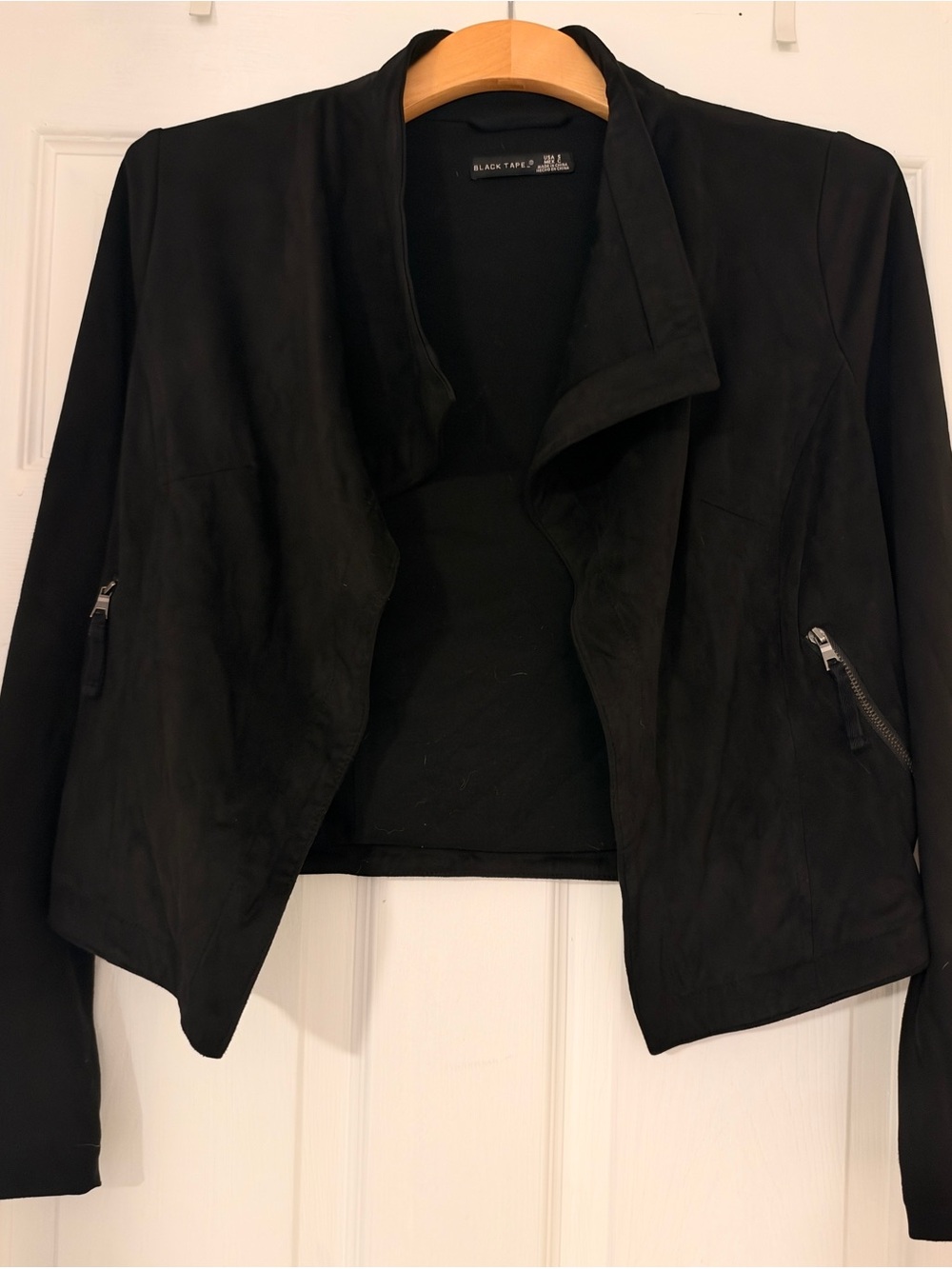 Black Tape_ Black Cropped Faux / Vegan Suede Moto Blazer